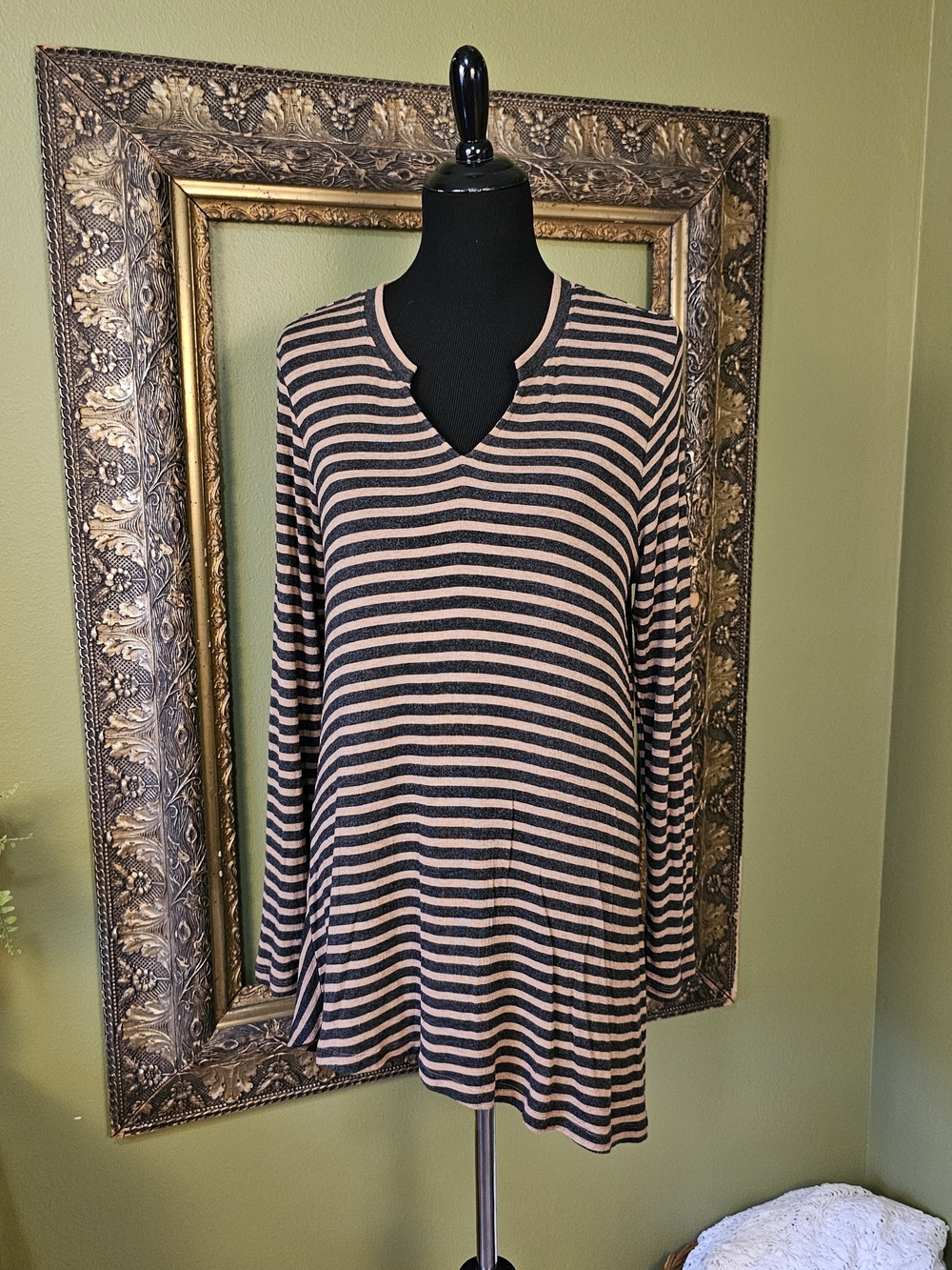 Cabi Striped Asymmetrical Tunic Top High Low Hem Charcoal Brown Medium